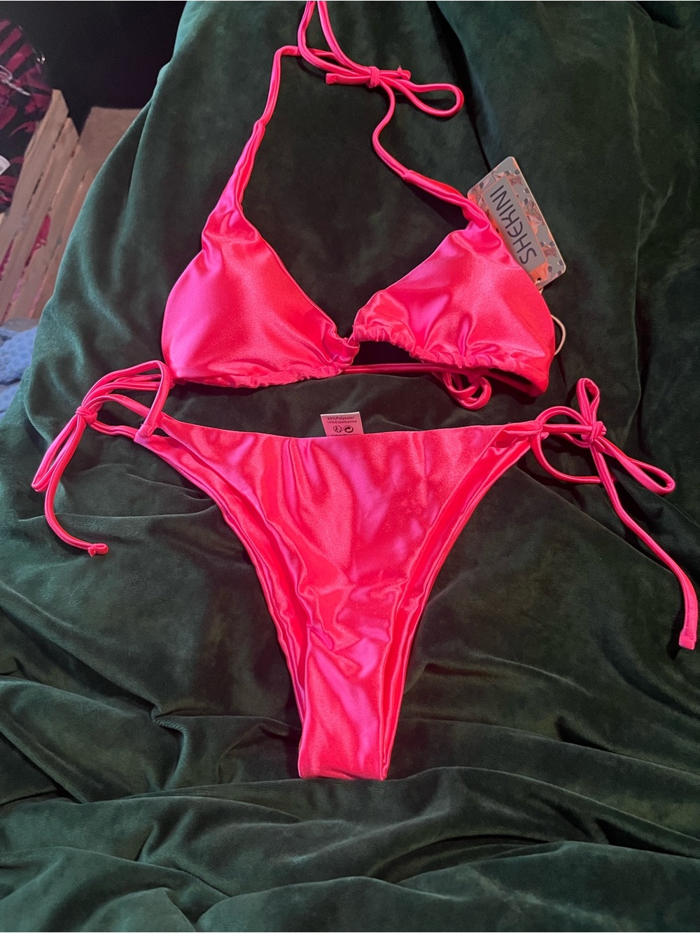 Bright Pink Shiny Triangle Tie-Side Bikini